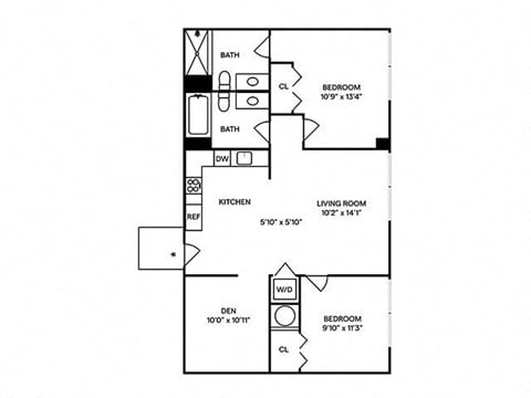 Floor plan for 2 beds, 2 baths, 975 sqft